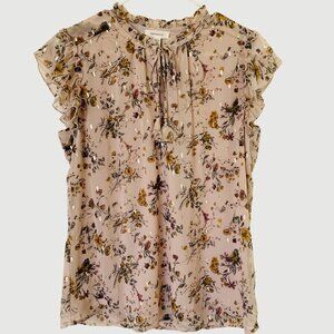 Beige floral feminine Top Blouse with Ruffled neckline with adjustable tie